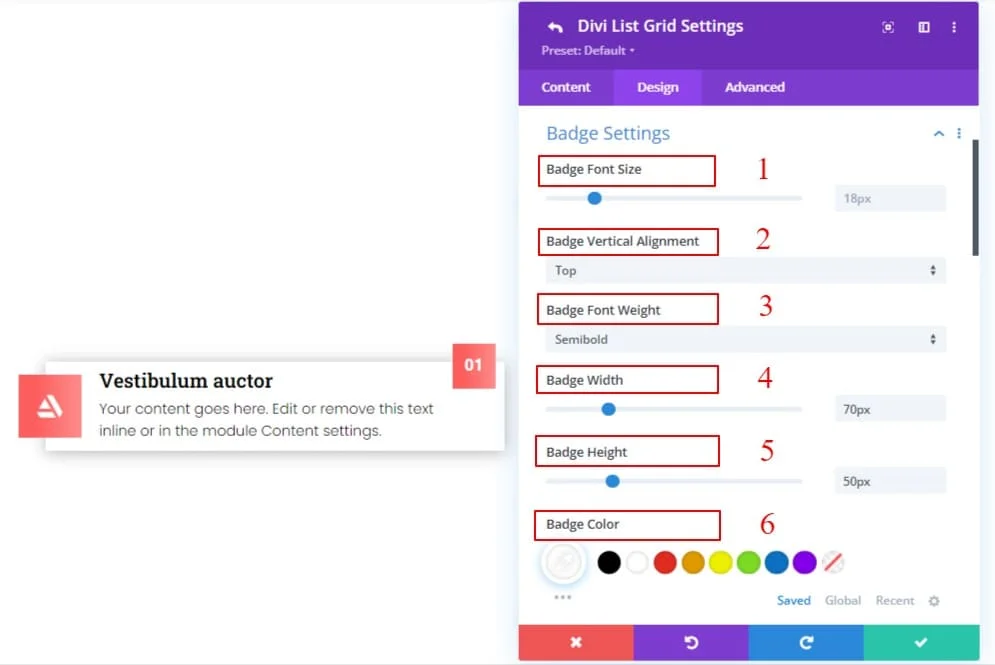 Divi List Grid badge settings