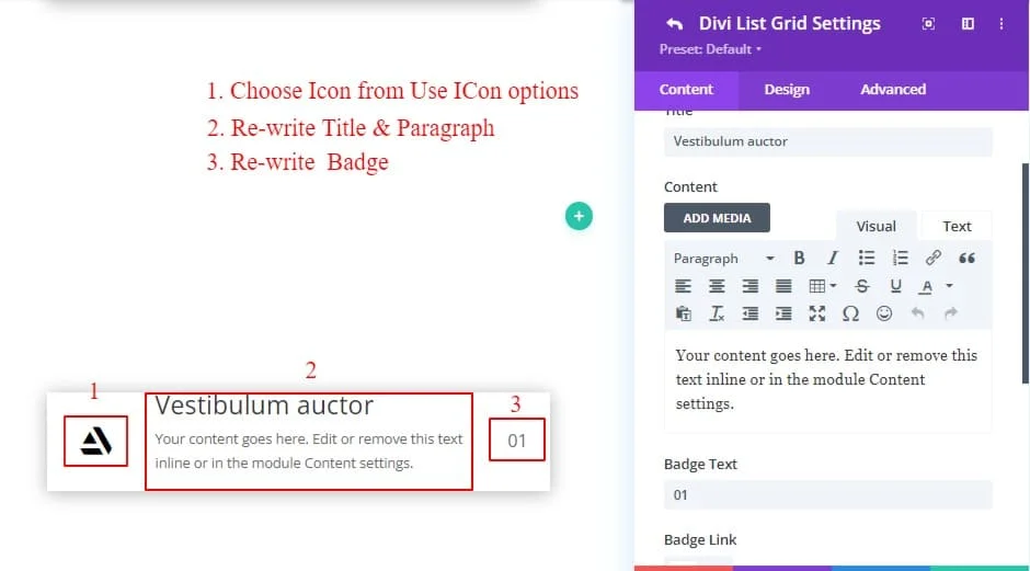 Divi List grid Changing content