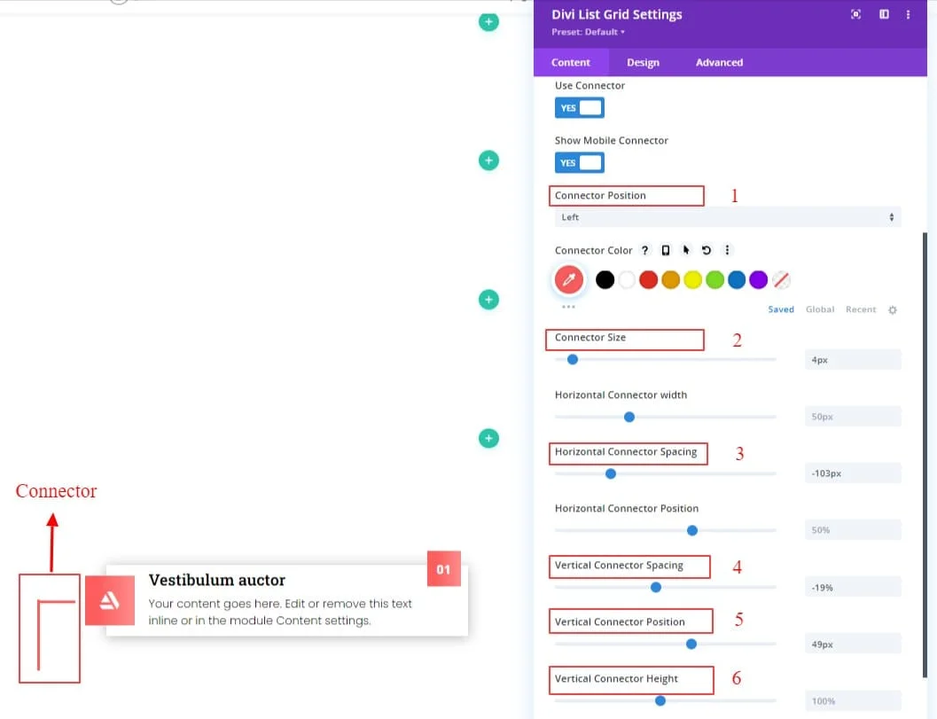 Divi List Grid connector settings