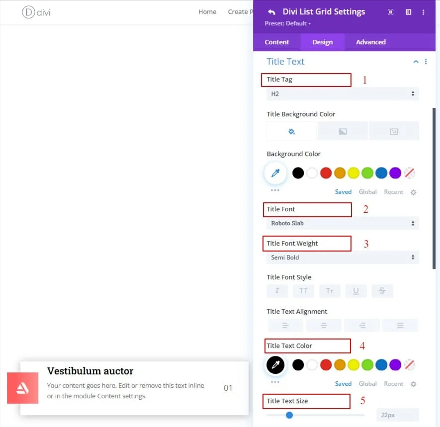 Divi List Grid title settings