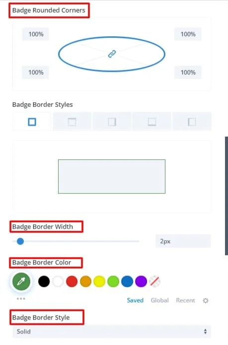 Divi list grid item design-3 badge border settings