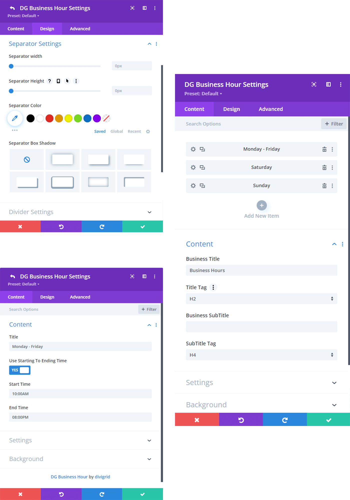 divigrid Business Hour Design settings